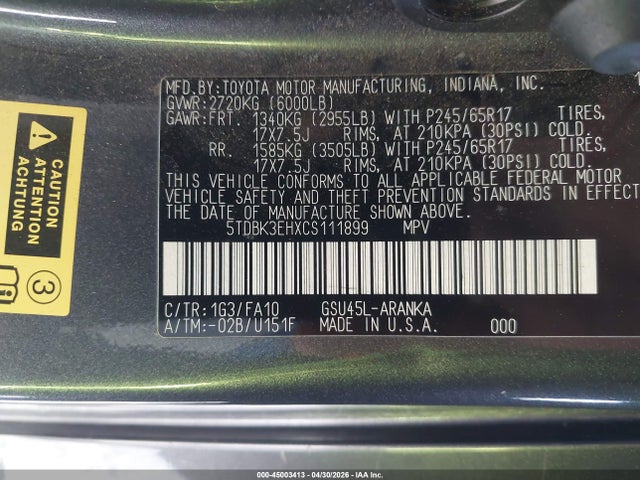 Продаж на аукціоні авто 2012 Toyota Highlander Base V6, vin: 5TDBK3EHXCS111899, номер лоту: 45003413