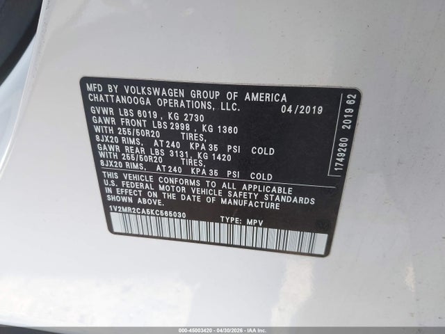 Aukcja sprzedaży 2019 Volkswagen Atlas 3.6l V6 Sel, vin: 1V2MR2CA5KC565030, numer aukcji: 45003420