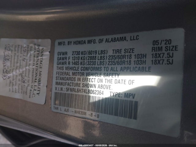 Продажа на аукционе авто 2020 Honda Odyssey Ex-l/ex-l W/navi   Res, vin: 5FNRL6H74LB062364, номер лота: 45003437