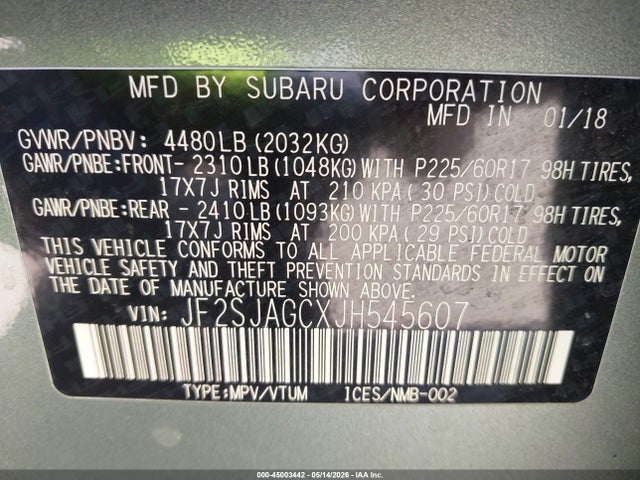 Продаж на аукціоні авто 2018 Subaru Forester 2.5i Premium, vin: JF2SJAGCXJH545607, номер лоту: 45003442