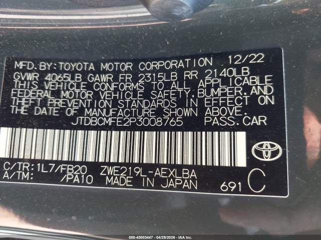 Aukcja sprzedaży 2023 Toyota Corolla Hybrid Le, vin: JTDBCMFE2P3008765, numer aukcji: 45003447