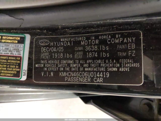 Продажа на аукционе авто 2006 Hyundai Accent Gls, vin: KMHCN46C06U014419, номер лота: 45003451
