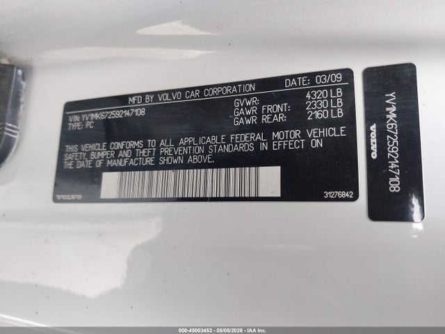 45003453 :رقم المزاد ، YV1MK672592147108 vin ، 2009 Volvo C30 T5/t5 R-design مزاد بيع