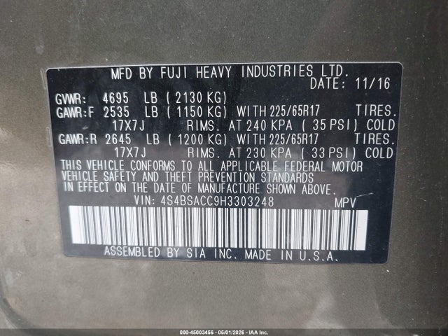 2017 Subaru Outback 2.5i Premium მანქანა იყიდება აუქციონზე, vin: 4S4BSACC9H3303248, აუქციონის ნომერი: 45003456