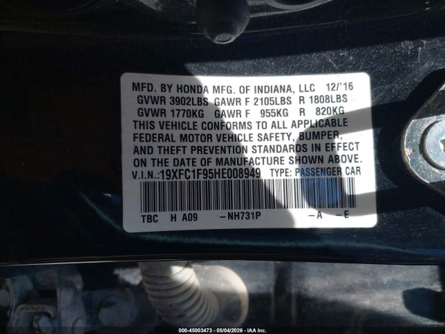 2017 Honda Civic Touring მანქანა იყიდება აუქციონზე, vin: 19XFC1F95HE008949, აუქციონის ნომერი: 45003473