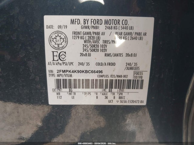 Продажа на аукционе авто 2019 Ford Edge Titanium, vin: 2FMPK4K90KBC66496, номер лота: 45003483