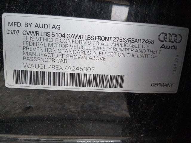 45003490 :رقم المزاد ، WAUGL78EX7A245307 vin ، 2007 Audi S4 4.2 مزاد بيع