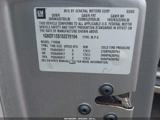 Aukcja sprzedaży 2005 Gmc Envoy Slt, vin: 1GKDT13S152279194, numer aukcji: 45003505