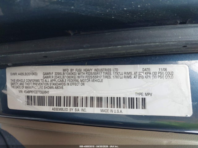 Aukcja sprzedaży 2007 Subaru Outback 2.5i, vin: 4S4BP61C277329845, numer aukcji: 45003510