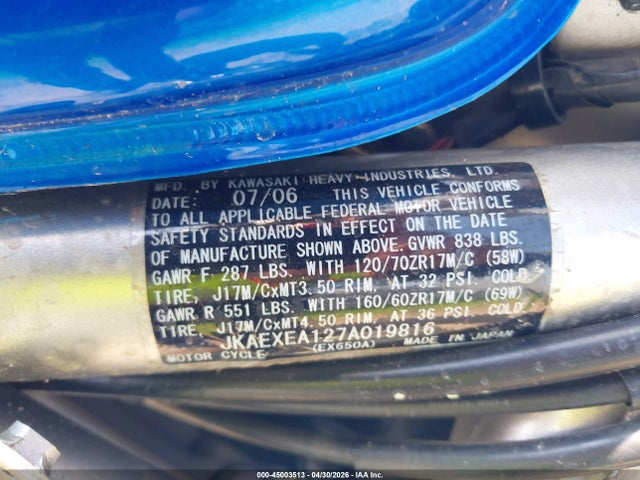 45003513 :رقم المزاد ، JKAEXEA127A019816 vin ، 2007 Kawasaki Ex650 A مزاد بيع