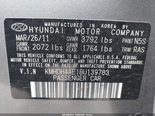 Aukcja sprzedaży 2011 Hyundai Elantra Gls (ulsan Plant), vin: KMHDH4AE1BU139783, numer aukcji: 45003515
