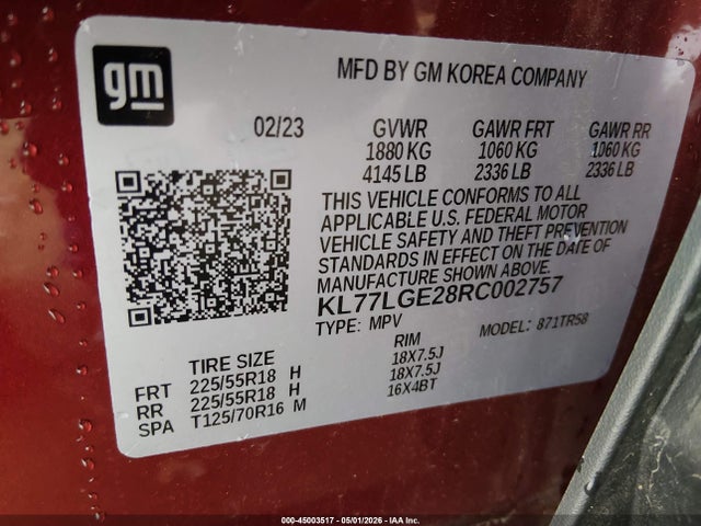 2024 Chevrolet Trax Fwd 1rs მანქანა იყიდება აუქციონზე, vin: KL77LGE28RC002757, აუქციონის ნომერი: 45003517