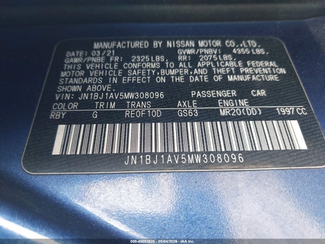 45003525 :رقم المزاد ، JN1BJ1AV5MW308096 vin ، 2021 Nissan Rogue Sport S Fwd Xtronic Cvt مزاد بيع