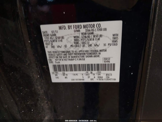 Продаж на аукціоні авто 2011 Ford F-150 Fx4/lariat/xl/xlt, vin: 1FTFX1ET6BFC13632, номер лоту: 45003526