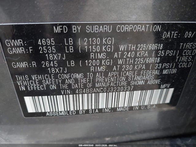 2018 Subaru Outback 2.5i Limited მანქანა იყიდება აუქციონზე, vin: 4S4BSANC0J3230337, აუქციონის ნომერი: 45003549