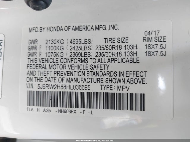 5J6RW2H88HL036695 Honda Cr-v Ex-l/ex-l Navi