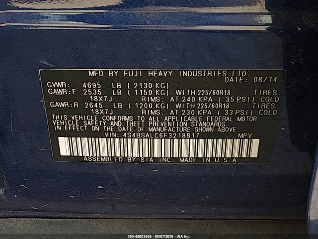 2015 Subaru Outback 2.5i Limited მანქანა იყიდება აუქციონზე, vin: 4S4BSALC6F3218817, აუქციონის ნომერი: 45003556