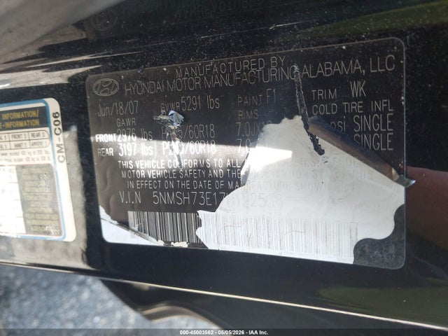 Продажа на аукционе авто 2007 Hyundai Santa Fe Limited/se, vin: 5NMSH73E17H122538, номер лота: 45003562