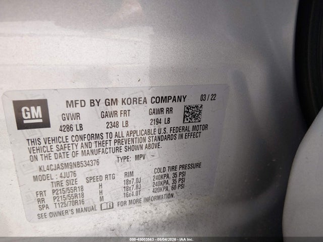 Продаж на аукціоні авто 2022 Buick Encore Fwd Preferred, vin: KL4CJASM9NB534376, номер лоту: 45003563