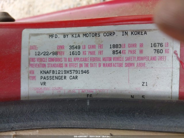 Продаж на аукціоні авто 1999 Kia Sephia Ls, vin: KNAFB1219X5791946, номер лоту: 45003567