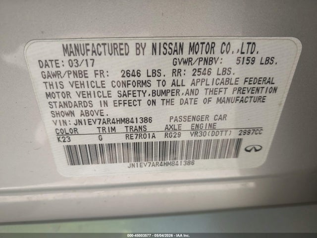 Продажа на аукционе авто 2017 Infiniti Q50 3.0t Premium, vin: JN1EV7AR4HM841386, номер лота: 45003577