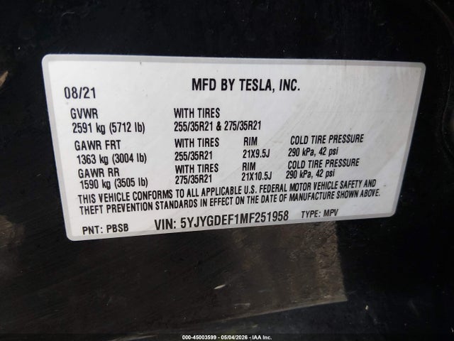 Продажа на аукционе авто 2021 Tesla Model Y Performance Dual Motor All-wheel Drive, vin: 5YJYGDEF1MF251958, номер лота: 45003599