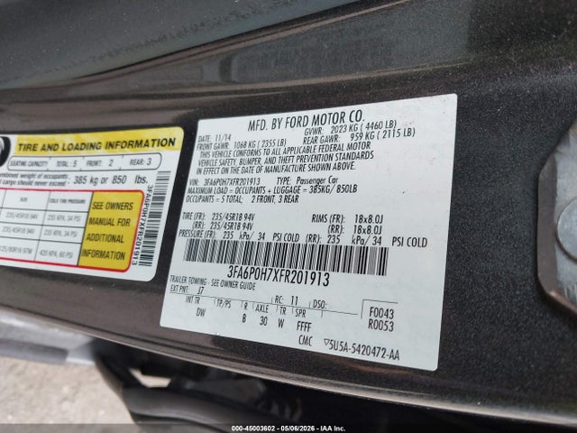Aukcja sprzedaży 2015 Ford Fusion Se, vin: 3FA6P0H7XFR201913, numer aukcji: 45003602