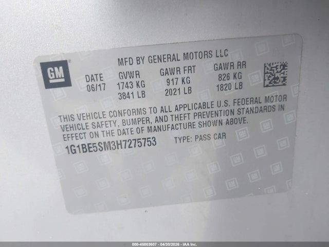 Продаж на аукціоні авто 2017 Chevrolet Cruze Lt Auto, vin: 1G1BE5SM3H7275753, номер лоту: 45003607