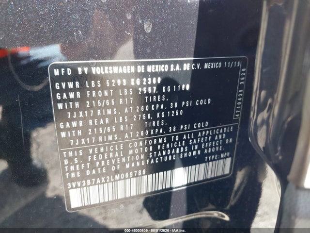45003609 :رقم المزاد ، 3VV3B7AX2LM069786 vin ، 2020 Volkswagen Tiguan 2.0t Se/2.0t Se R-line Black/2.0t Sel مزاد بيع