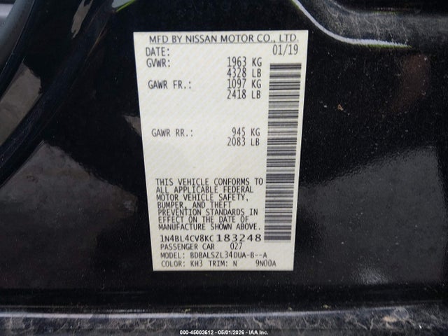 Aukcja sprzedaży 2019 Nissan Altima 2.5 Sr, vin: 1N4BL4CV8KC183248, numer aukcji: 45003612