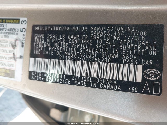 45003617 :رقم المزاد ، 2T1BR32E07C768280 vin ، 2007 Toyota Corolla Le مزاد بيع