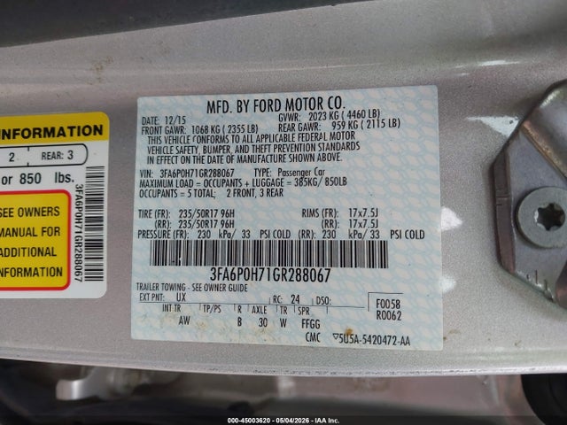 45003620 :رقم المزاد ، 3FA6P0H71GR288067 vin ، 2016 Ford Fusion Se مزاد بيع