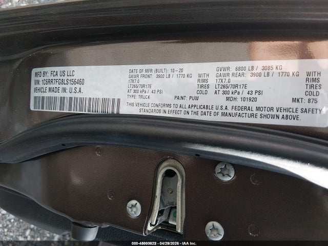 Aukcja sprzedaży 2020 Ram 1500 Classic, vin: 1C6RR7FG8LS156460, numer aukcji: 45003622