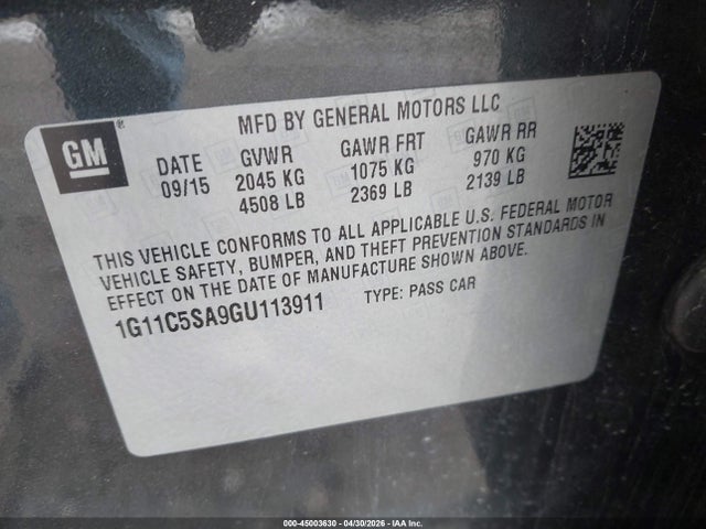 45003630 :رقم المزاد ، 1G11C5SA9GU113911 vin ، 2016 Chevrolet Malibu Limited Lt مزاد بيع