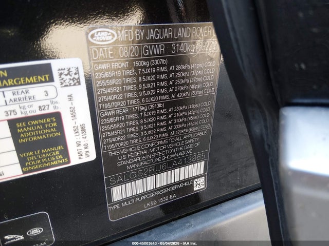 Продаж на аукціоні авто 2020 Land Rover Range Rover Hse, vin: SALGS2RU6LA413865, номер лоту: 45003643