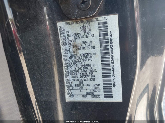 45003644 :رقم المزاد ، 1N6DD26S3WC315759 vin ، 1998 Nissan Frontier Se/xe مزاد بيع