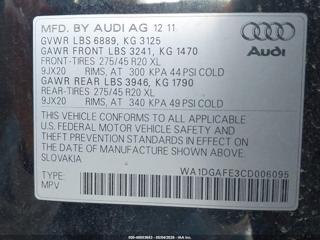 Продаж на аукціоні авто 2012 Audi Q7 3.0t S Line Prestige, vin: WA1DGAFE3CD006095, номер лоту: 45003653