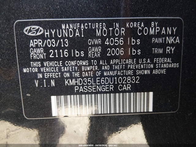 Продажа на аукционе авто 2013 Hyundai Elantra Gt, vin: KMHD35LE6DU102832, номер лота: 45003655