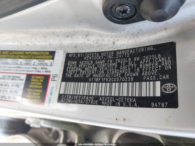 45003656 :رقم المزاد ، 4T1BF1FK2CU570239 vin ، 2012 Toyota Camry L/le/se/se Limited Edition/xle مزاد بيع