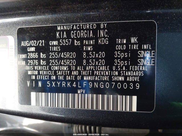 2022 Kia Sorento Sx Prestige მანქანა იყიდება აუქციონზე, vin: 5XYRK4LF9NG070039, აუქციონის ნომერი: 45003659