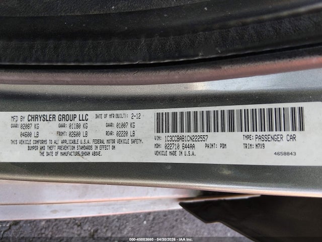 45003660 :رقم المزاد ، 1C3CCBAB1CN222557 vin ، 2012 Chrysler 200 Lx مزاد بيع