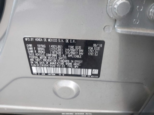 Продаж на аукціоні авто 2016 Honda Hr-v Ex-l, vin: 3CZRU5H79GM745132, номер лоту: 45003662