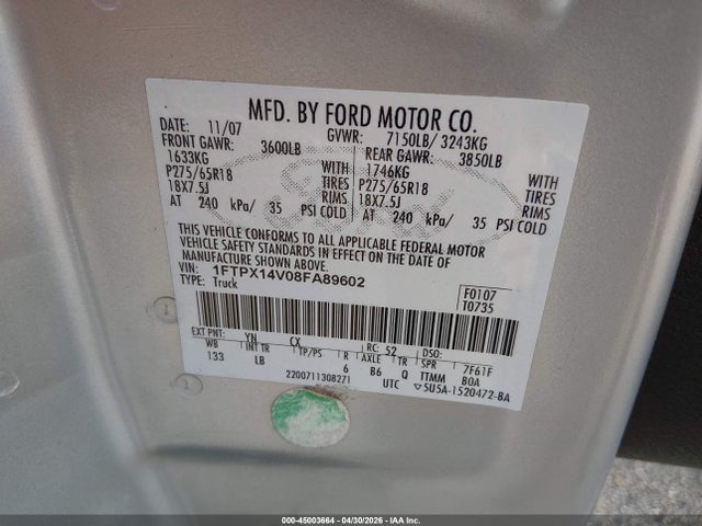 45003664 :رقم المزاد ، 1FTPX14V08FA89602 vin ، 2008 Ford F-150 Fx4/lariat/xl/xlt مزاد بيع