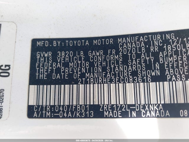 45003675 :رقم المزاد ، 2T1BURHE3EC083616 vin ، 2014 Toyota Corolla Le مزاد بيع