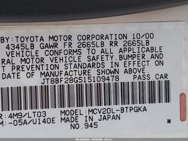 45003686 :رقم المزاد ، JT8BF28G515109478 vin ، 2001 Lexus Es 300 مزاد بيع