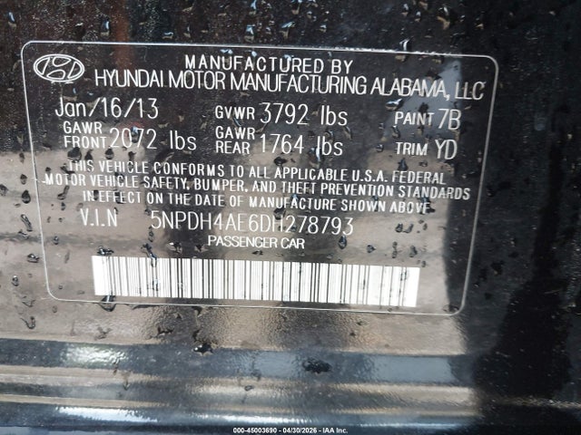 Aukcja sprzedaży 2013 Hyundai Elantra Gls, vin: 5NPDH4AE6DH278793, numer aukcji: 45003690