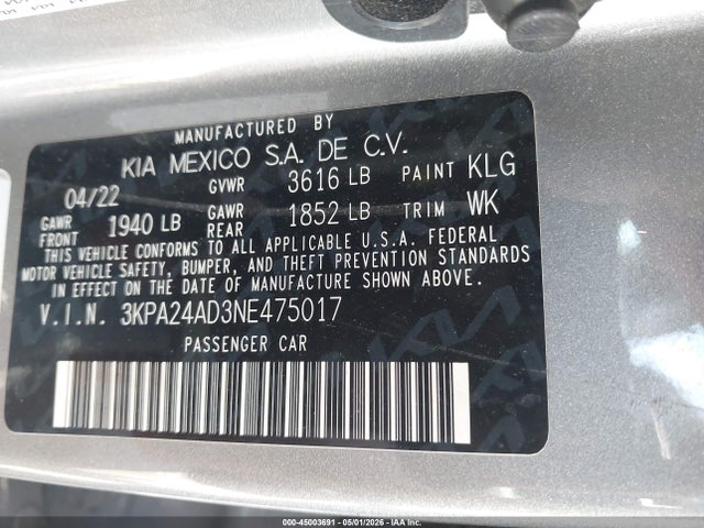 45003691 :رقم المزاد ، 3KPA24AD3NE475017 vin ، 2022 Kia Rio S مزاد بيع