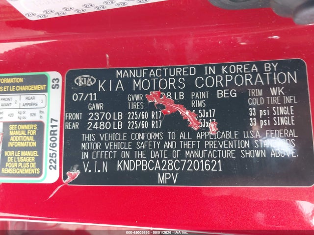 Продаж на аукціоні авто 2012 Kia Sportage Lx, vin: KNDPBCA28C7201621, номер лоту: 45003692