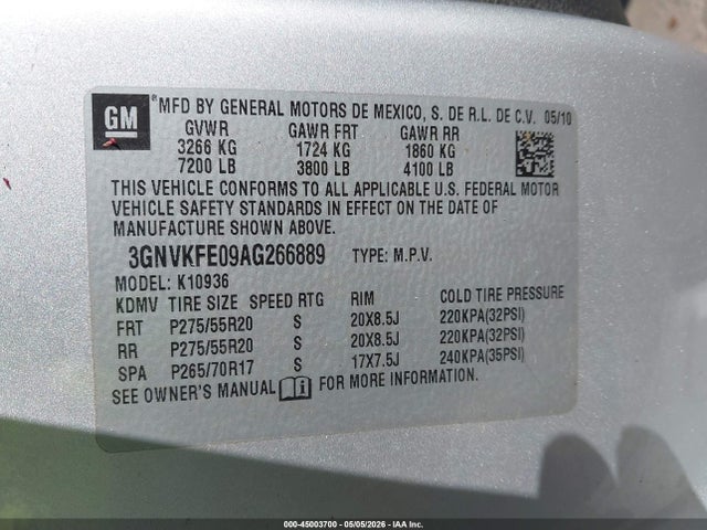 45003700 :رقم المزاد ، 3GNVKFE09AG266889 vin ، 2010 Chevrolet Avalanche 1500 Lt1 مزاد بيع