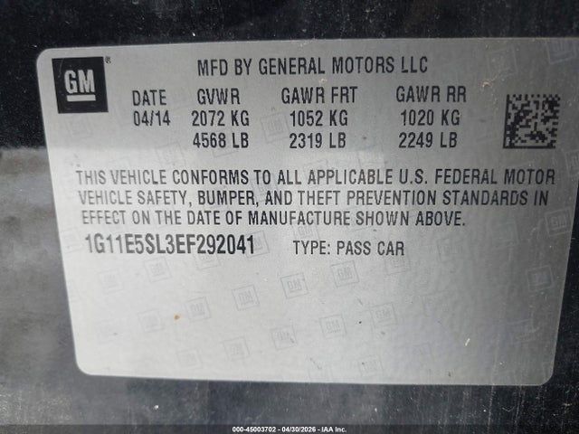 45003702 :رقم المزاد ، 1G11E5SL3EF292041 vin ، 2014 Chevrolet Malibu 2lt مزاد بيع